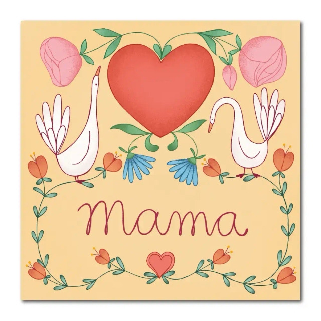 Mama kaart met gansjes, harten en bloemen
