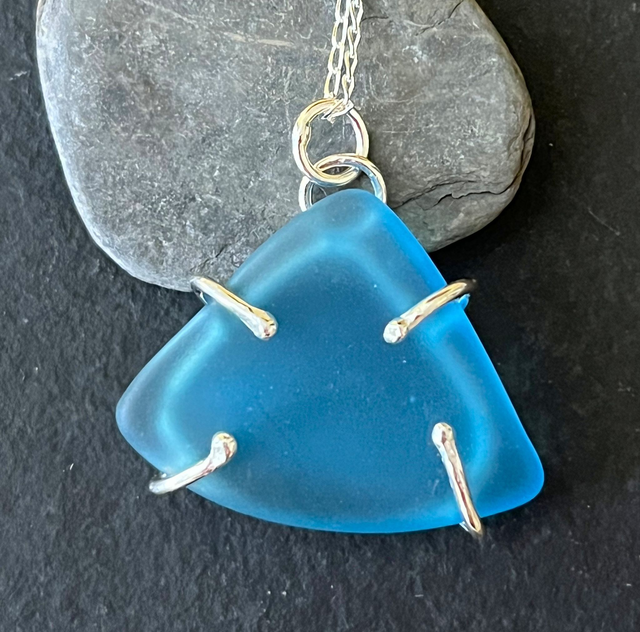 Triangular Sky Blue Reclaimed Glass Pendant with Silver Claw Setting