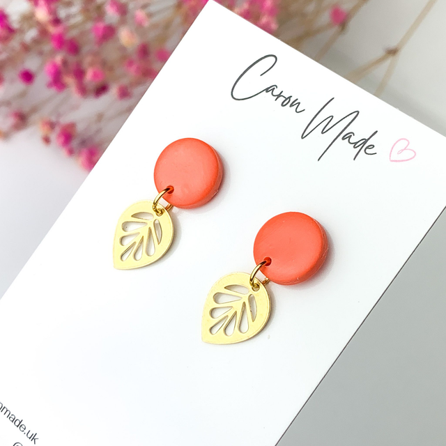 Coral earrings with raw brass leaf charm