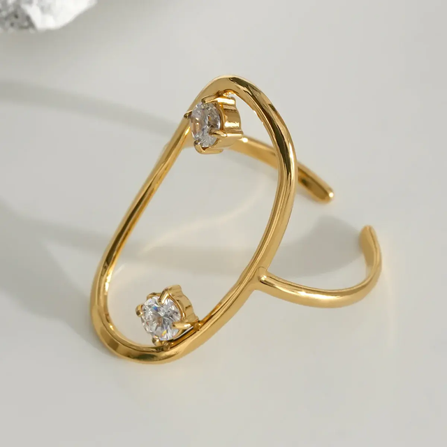 Bague Dorée Ajustable Oblong Large Avec Strass