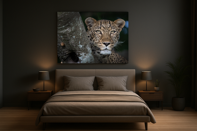 Ritratto di leopardo Stampa Fine-Art su carta cotone Hahnemūhle Photo Rag Ultra Smooth 305 gr montata su pannello piuma spessore 15 mm