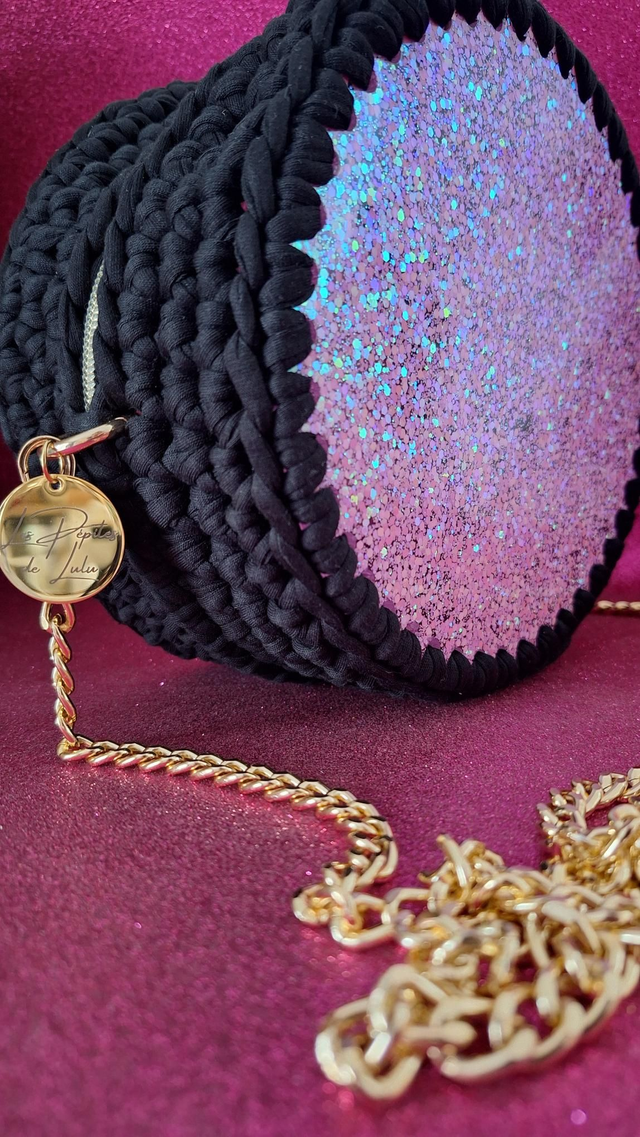 Sac en Résine Rond Paillettes Rose Girly, crochet noir