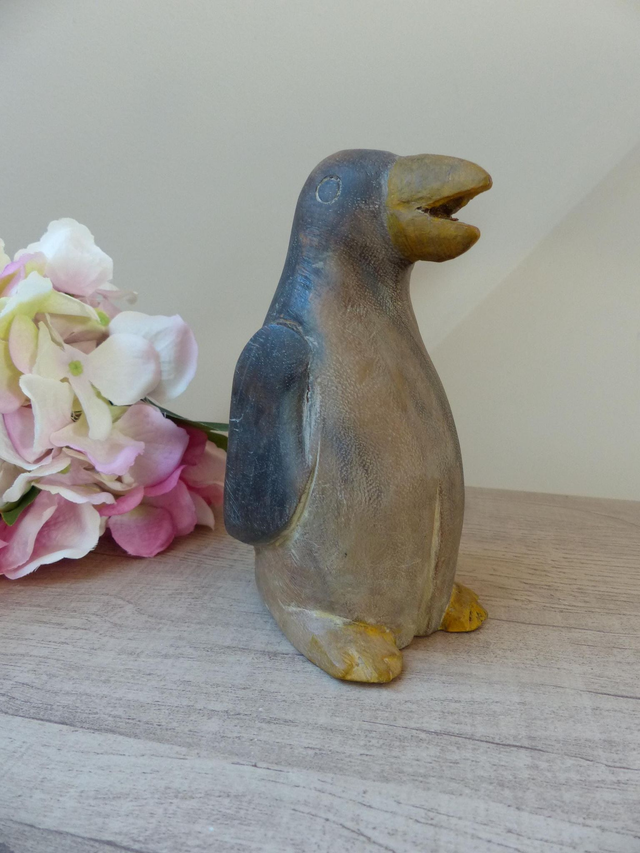 Ancien pingouin en bois sculpté à la main, figurine sculpture manchot en bois fait main, statuette animal en bois animal pingouin collection