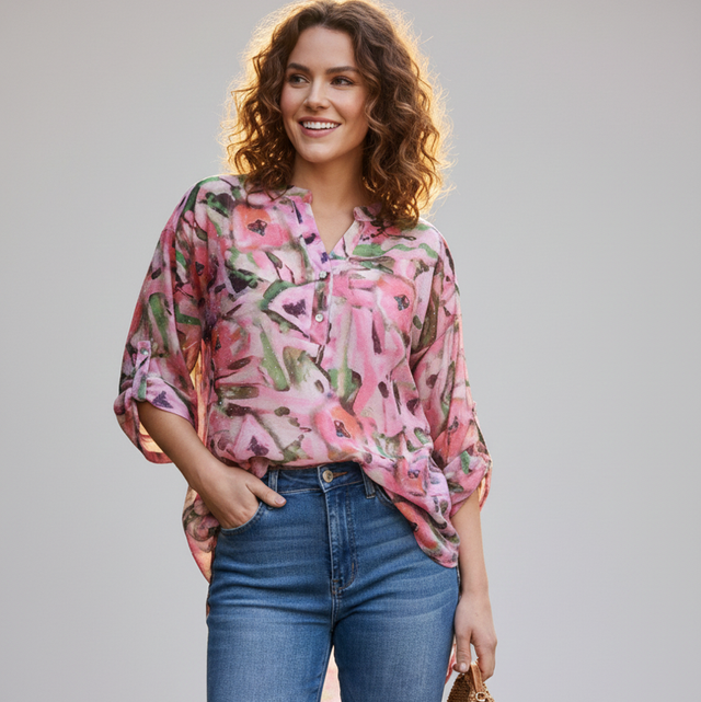 Haut femme rose motif fleurs avec brillants – Chemise manches retroussables