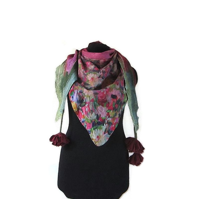 Scialle Bactus lana merino seta feltro Fatto a mano scialle infeltrimento fiori Sciarpa Borgogna donna Scialle Regalo unico