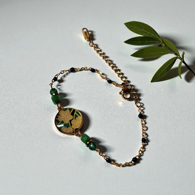 bracelet acier inoxydable motifs japonais vert foncé et doré