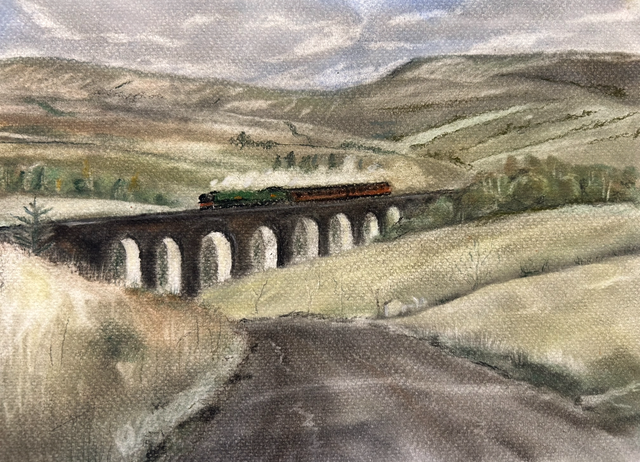 Denthead Viaduct with Flying Scotsman - Original framed pastel painting 