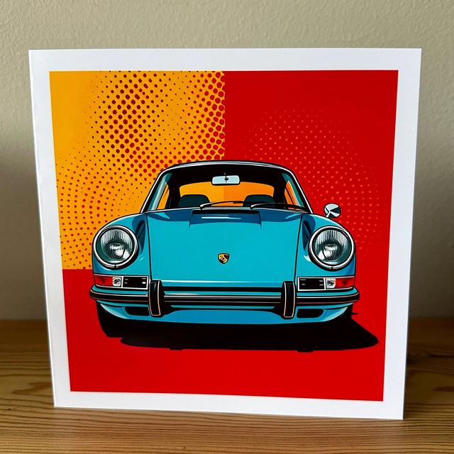 Classic Porsche 911 Retro Pop Art Greeting Card – Car Enthusiast Gift, Bold & Colourful Design for Birthdays, or Any Occasion