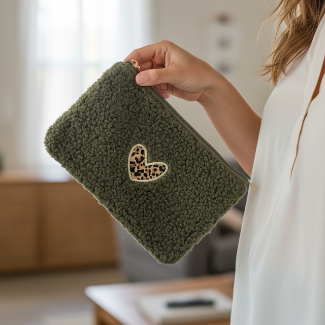 Pochette coeur léopard -tissu moumoute