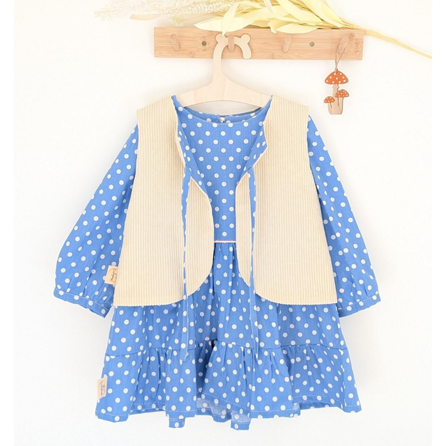 Noël – Ensemble robe + gilet – Tissu coton bleu à pois blanc 