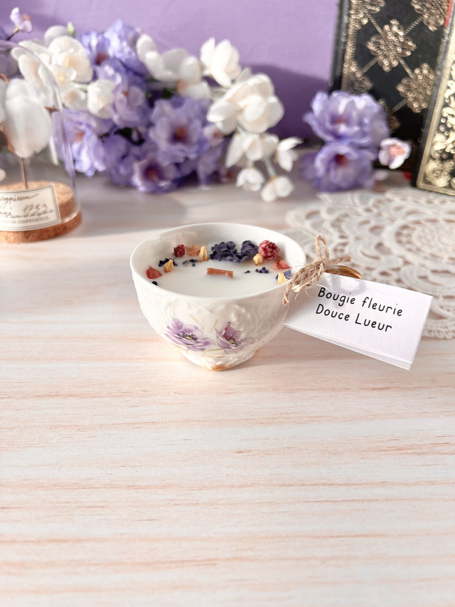 💜 Bougie Douce Lueur - tasse à café "pavots mauves et relief" 