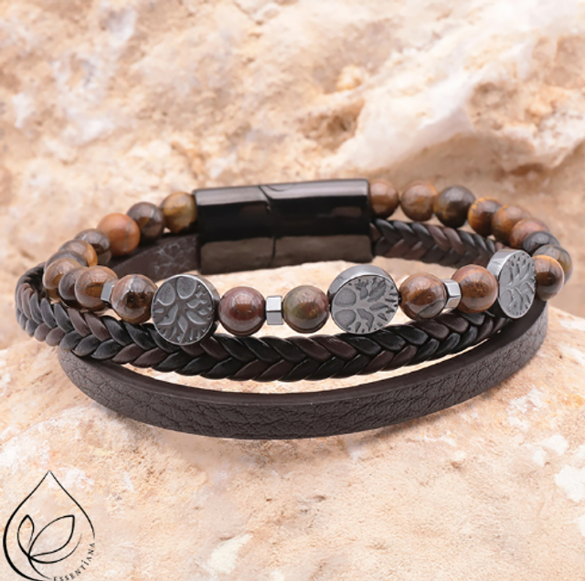 BRACELET ESSENTIANA KORU CUIR BRUN ET OEIL DE TIGRE qualité A