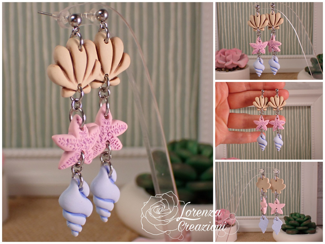 Orecchini a tema marino con conchiglie e stelle marine, beige, rosa e azzurro