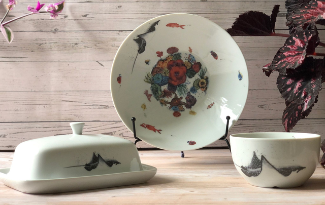 Eagle ray and coral reef upcycled ceramics