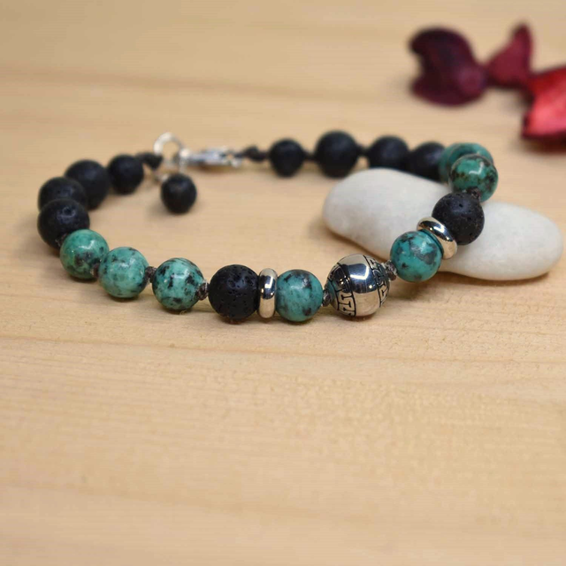 Bracelet homme boule aztèque en acier avec des pierres de 8mm en pierre de lave et turquoise africaine