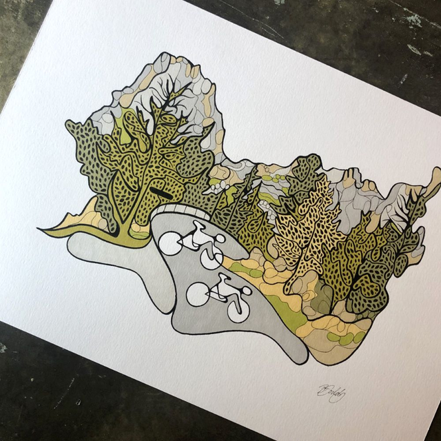 Hand-coloured print - bicycles design 1