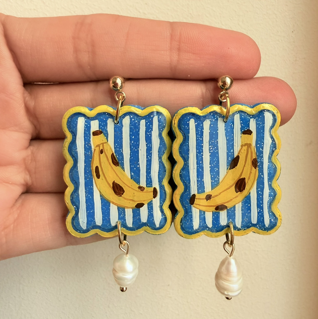 Banana Blue Sparkly Yellow Stripe Earrings - LIMITED EDITION
