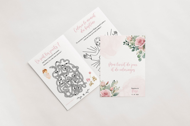 Cahier de jeux et de coloriage personnalisé Baptême Fleurs & Blush rose