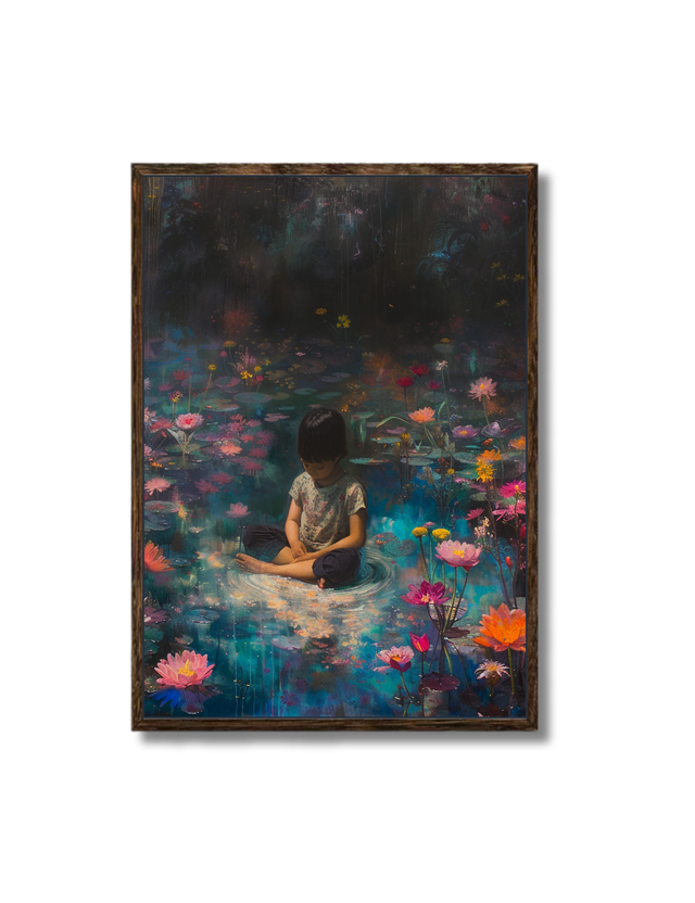 Menino meditando no lago de Lótus 