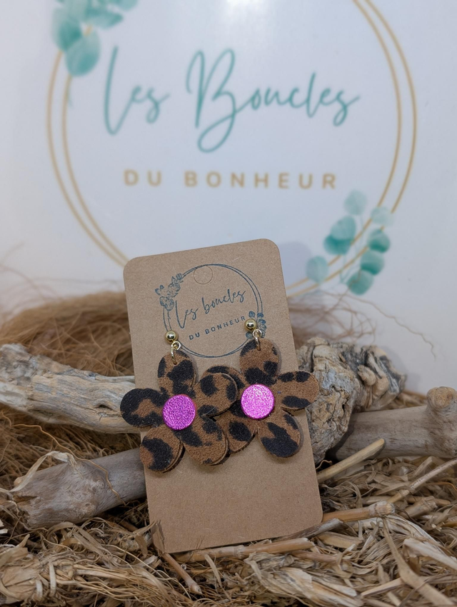 Boucles d&#039;oreilles Baby Marguerite léopard fushia bm043