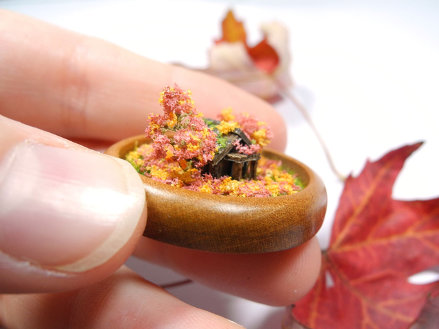Cabin in an Autumn Forest – big -  One of a kind miniature biosphere jewelry – glass pendant with a mahogany base