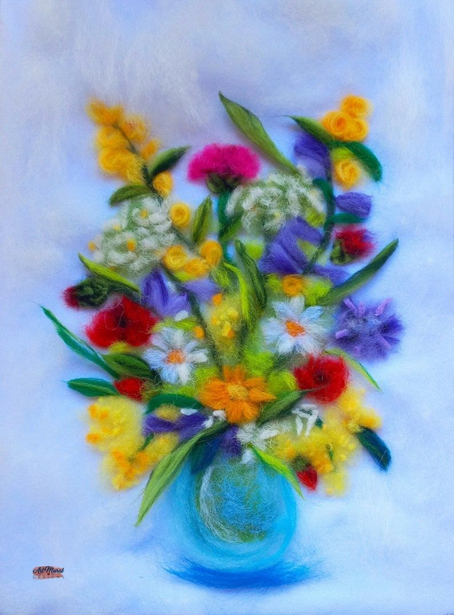 Bouquet de Fleurs Sauvages vase🌼 | Art Textile Fait Main – Décoration Murale Unique 🎨