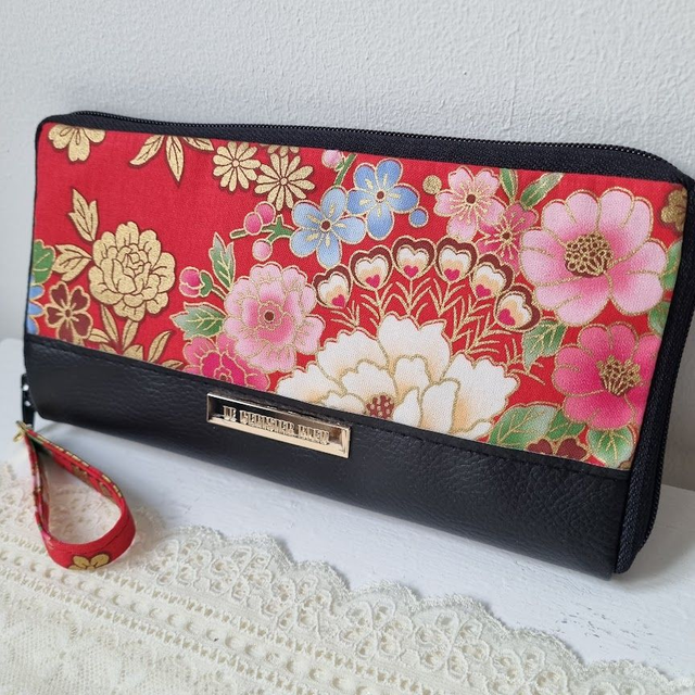 Portefeuille long zippé &quot;Kanako&quot; rouge &amp; simili cuir noir