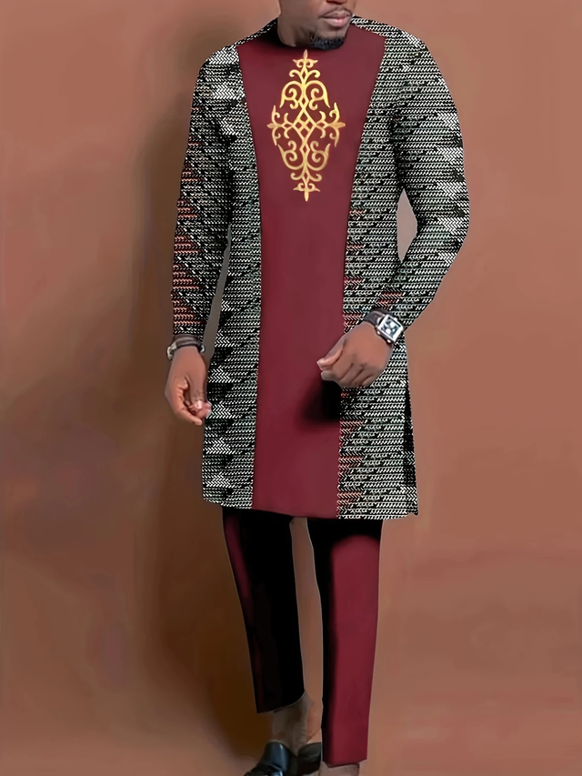 Men's 2pcs Ethnic Pattern Splicing Long Sleeve T-shirt + Pants Set