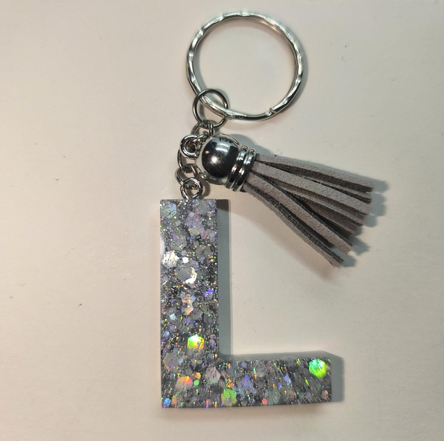 Porte clés initiale "L" argenté holographique 