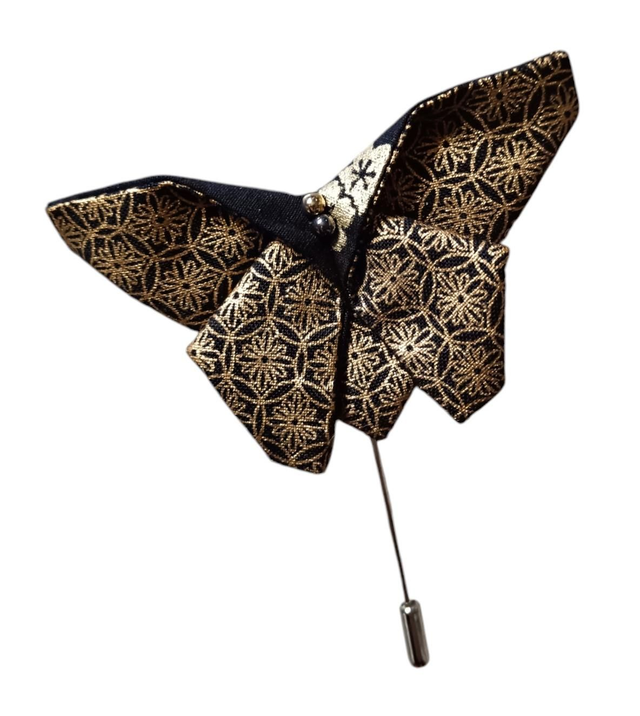 Broche papillon/Fibule papillon origami/Epingle à chapeau/Tissus créateur noir et or
