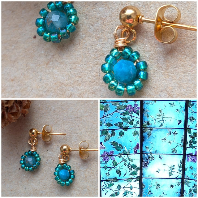 Boucles " fleurs" verre japonais turquoise et apatite ( pierres naturelles)en acier inoxydable doré -sans nickel, pièce unique 