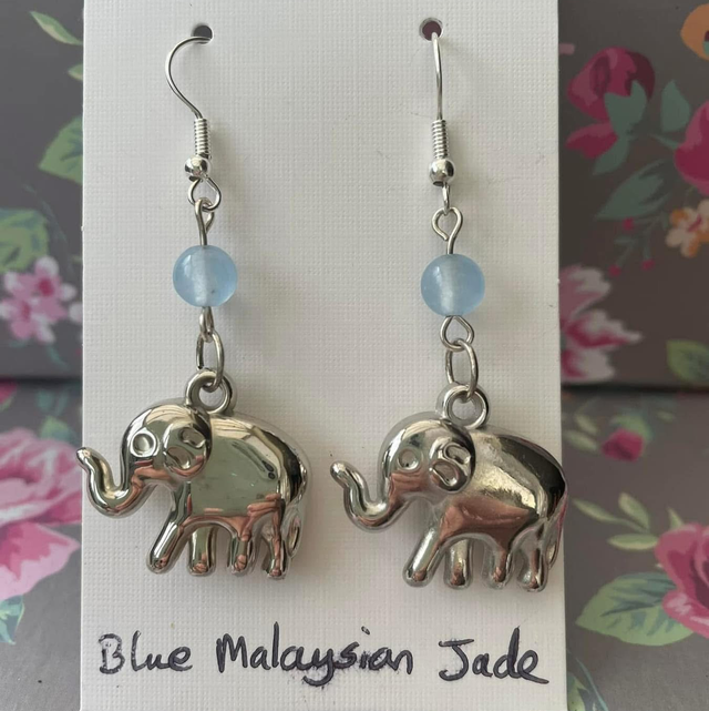 Blue Malaysian Jade elephants silver plated ear hooks