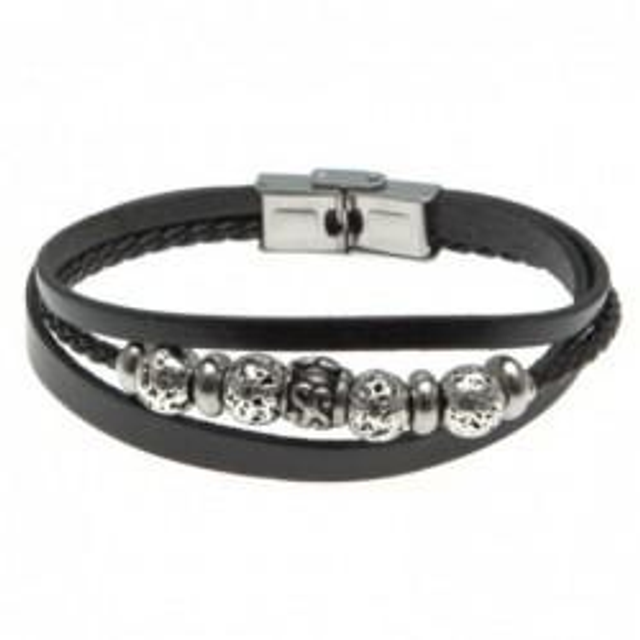 Bracciale uomo in pelle nera con perline acciaio 