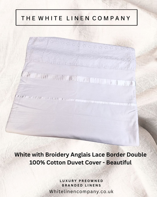 White with Broidery Anglais Lace Border Double 100% Cotton Duvet Cover - Beautiful