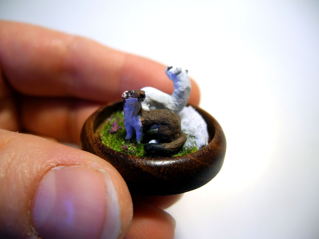 Ermines - OOAK Biosphere Wood Jewelry - Clear glass globe with two delicate Ermines inside– winter/spring inspired jewelry