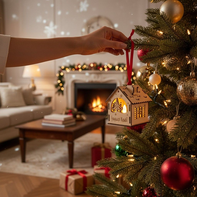 Décoration de sapin de Noël maison en bois, cadeau personnalisé - chalet de Noël déco Sapin