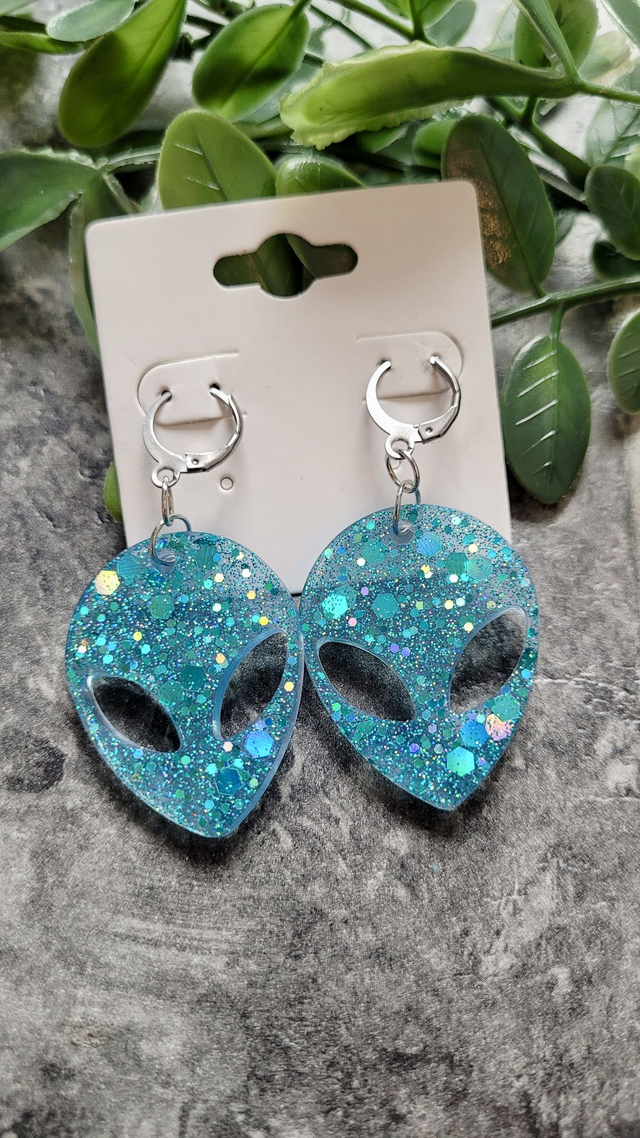 Earrings | Blue Glitter Alien Head | Stainless Steel Hoops