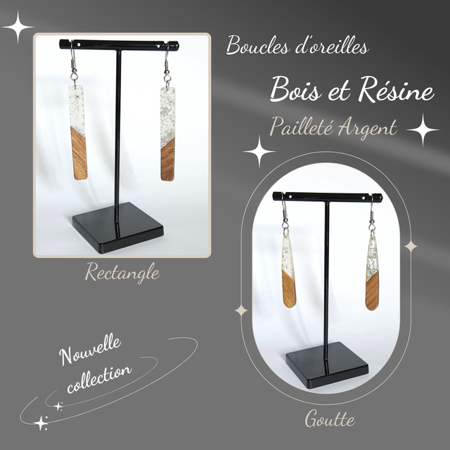 Boucles d&#039;oreilles Pailleté ARGENT en Bois &amp; Résine