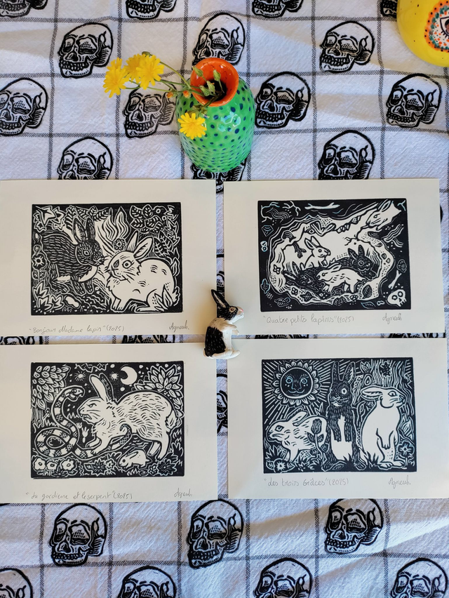 Linogravure/tampon "Les trois grâces" lapins sauvage format 10X14.5 cm Noir