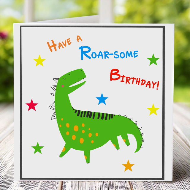 Children’s Birthday Dinosaur card with the text ‘Have a Roar-some Birthday’ in vibrant tones.