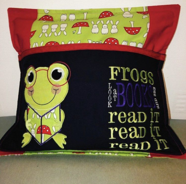 Frog Reading Book Pocket Cushion - Made to Order