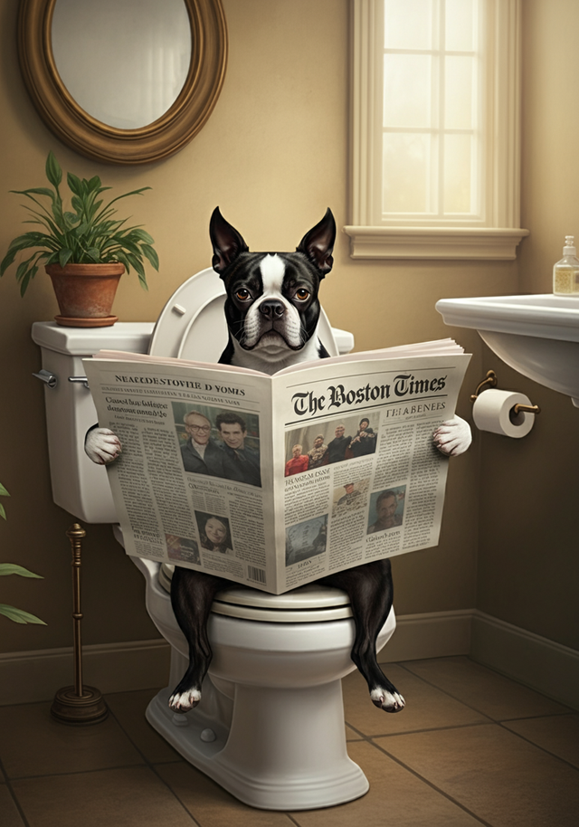 Boston Terrier on the Toilet Framed Canvas