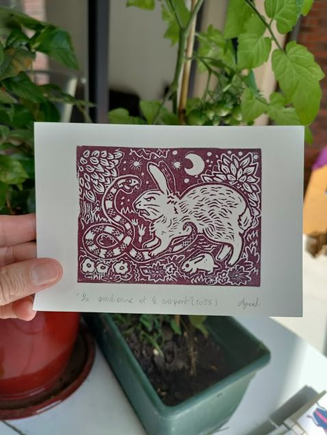 Linogravure/tampon " la gardienne et le serpent" lapins sauvage format 10X14.5 cm