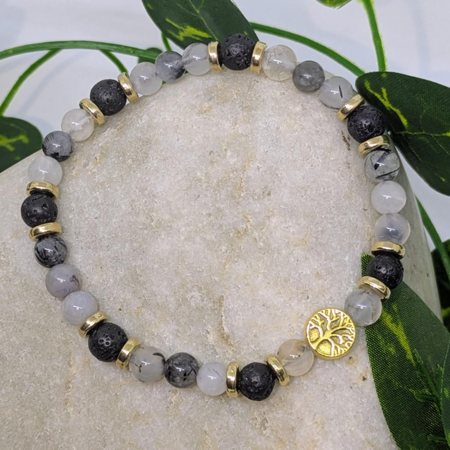 Bracelet &quot;Quartz-Tourmaline &amp; Pierre de lave&quot; 6mm BR-097