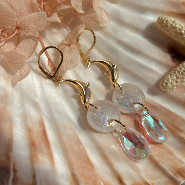 Whale Earrings with Holographic face and Gold plated Lever Back Ear Wires