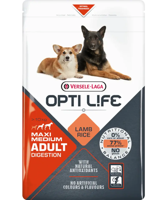 Opti Life Medium/Maxi Adult Digestion su ėriena ir ryžiais 20kg