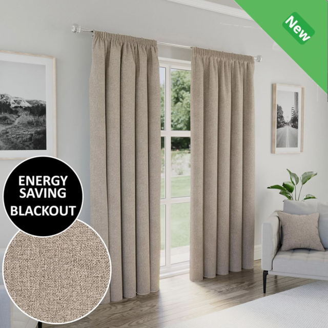 Enhanced Living Dallas Natural 100% Blackout Textured Linen Look Readymade Pencil Pleat Curtains