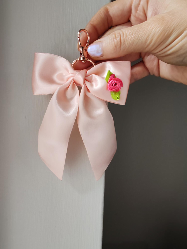 Peach satin bow keychain/bag charm