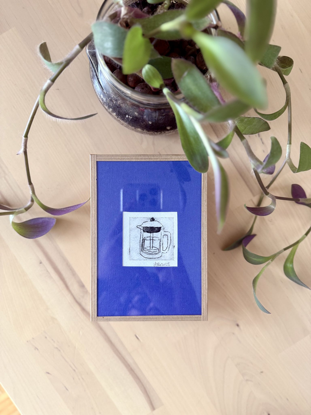 Cafetière à piston - Petite estampe encadrée 10x15 cm