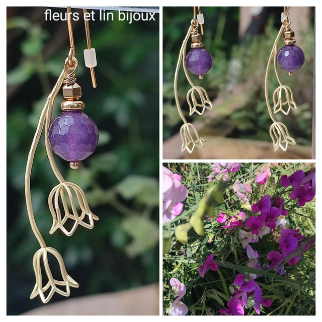 Z- fleurs &amp; agate violette, boucles d&#039;oreilles sans nickel, fermoirs en acier inoxydable doré 